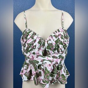 Parker Peplum Tank Top Pink Green Tropical Leaf Print NWT